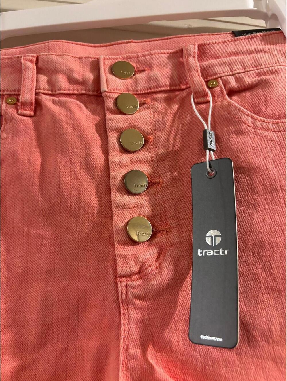 Tractr High Rise Shorts Sz 0 Coral Denim Button Fly Raw Hem Boutique Shorts NWT - Picture 3 of 8